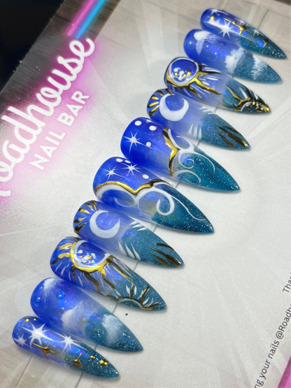 Witchy Celestial Press-On Nails – Blue & Turquoise Chrome Moon Magic (10pcs)