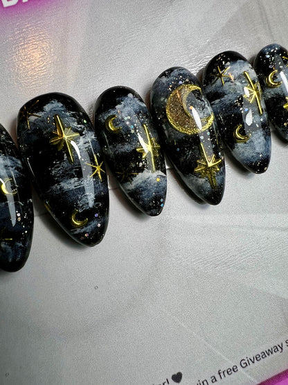 Celestial Night Sky Press-On Nails | Moon & Stars Galaxy Nail Set