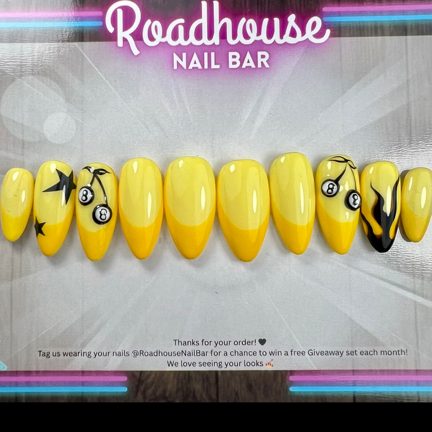 8 Ball Flame Press-On Nails | Yellow Retro Rockabilly Nails