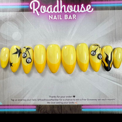 8 Ball Flame Press-On Nails | Yellow Retro Rockabilly Nails