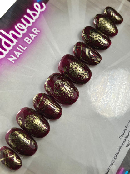 Victorian Red & Gold Press-On Nails – Hand-Painted 10pc