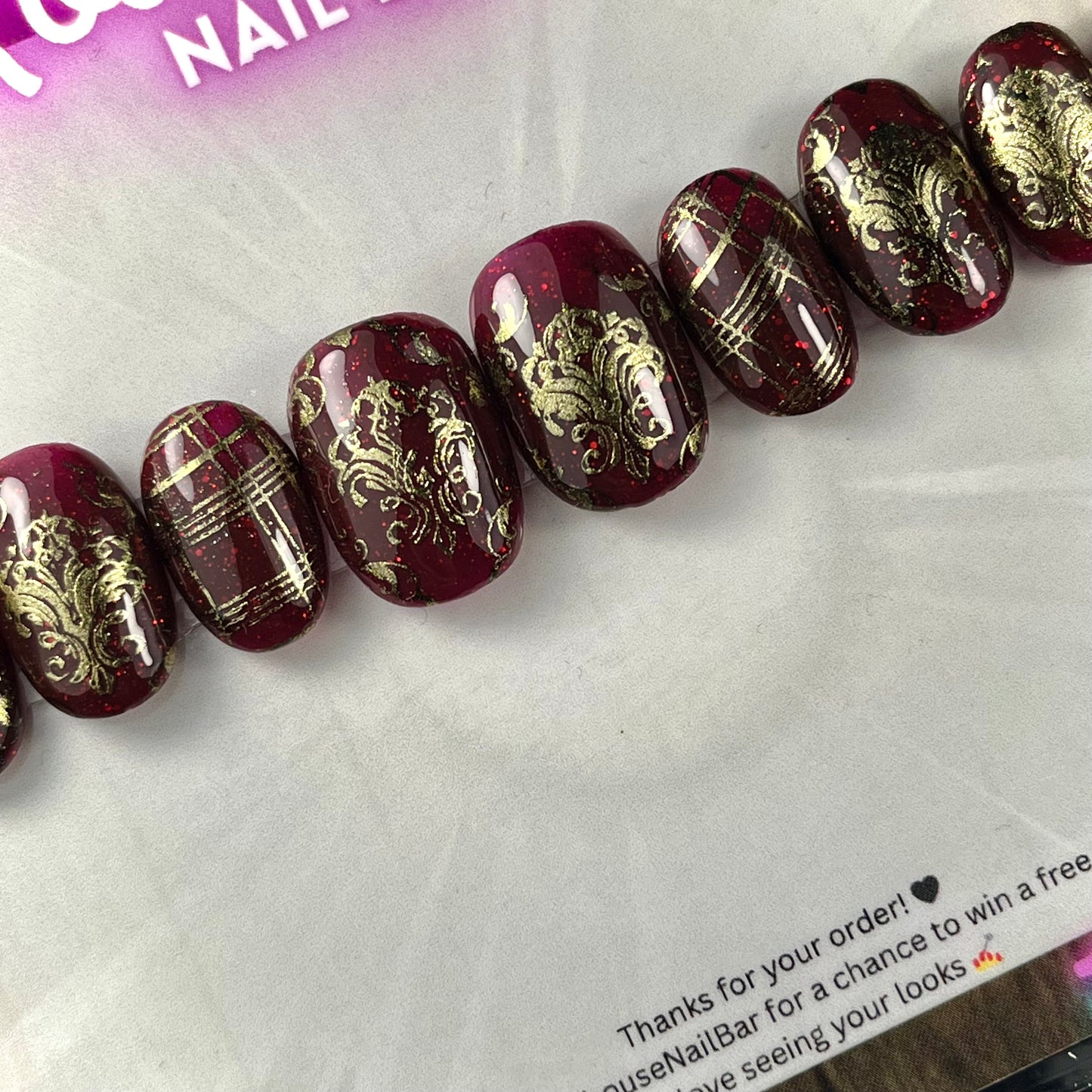 Victorian Red & Gold Press-On Nails – Hand-Painted 10pc