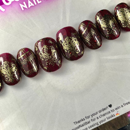 Victorian Red & Gold Press-On Nails – Hand-Painted 10pc