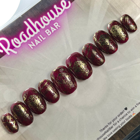 Victorian Red & Gold Christmas Press-On Nails – Hand-Painted 10pc