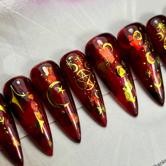 Blood Moon Press-On Nails – Red Aura Celestial Halloween Set (10pcs)