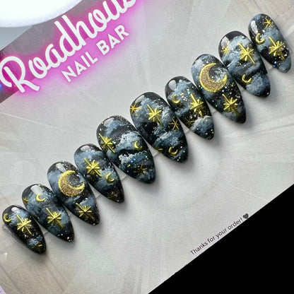 Celestial Night Sky Press-On Nails | Moon & Stars Galaxy Nail Set