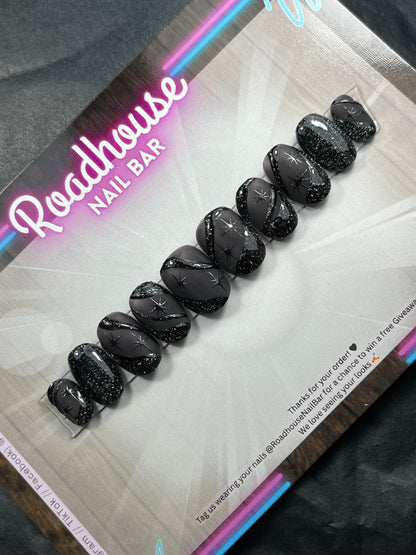Black Glitter Star Press-On Nails – Gothic Halloween Celestial Design, Hand-Painted Sparkly Reusable False Nails UK