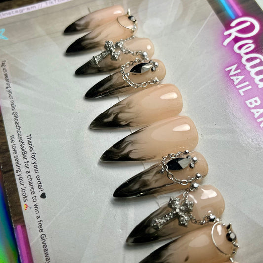 Gothic Bridal Press On Nails: White to Black Thermal Smoke Effect, Alternative Wedding