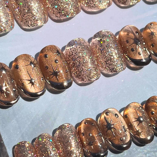 Cosmic Nude Cat Eye Press-On Nails – Celestial Glitter & Starburst Detail (24pcs)