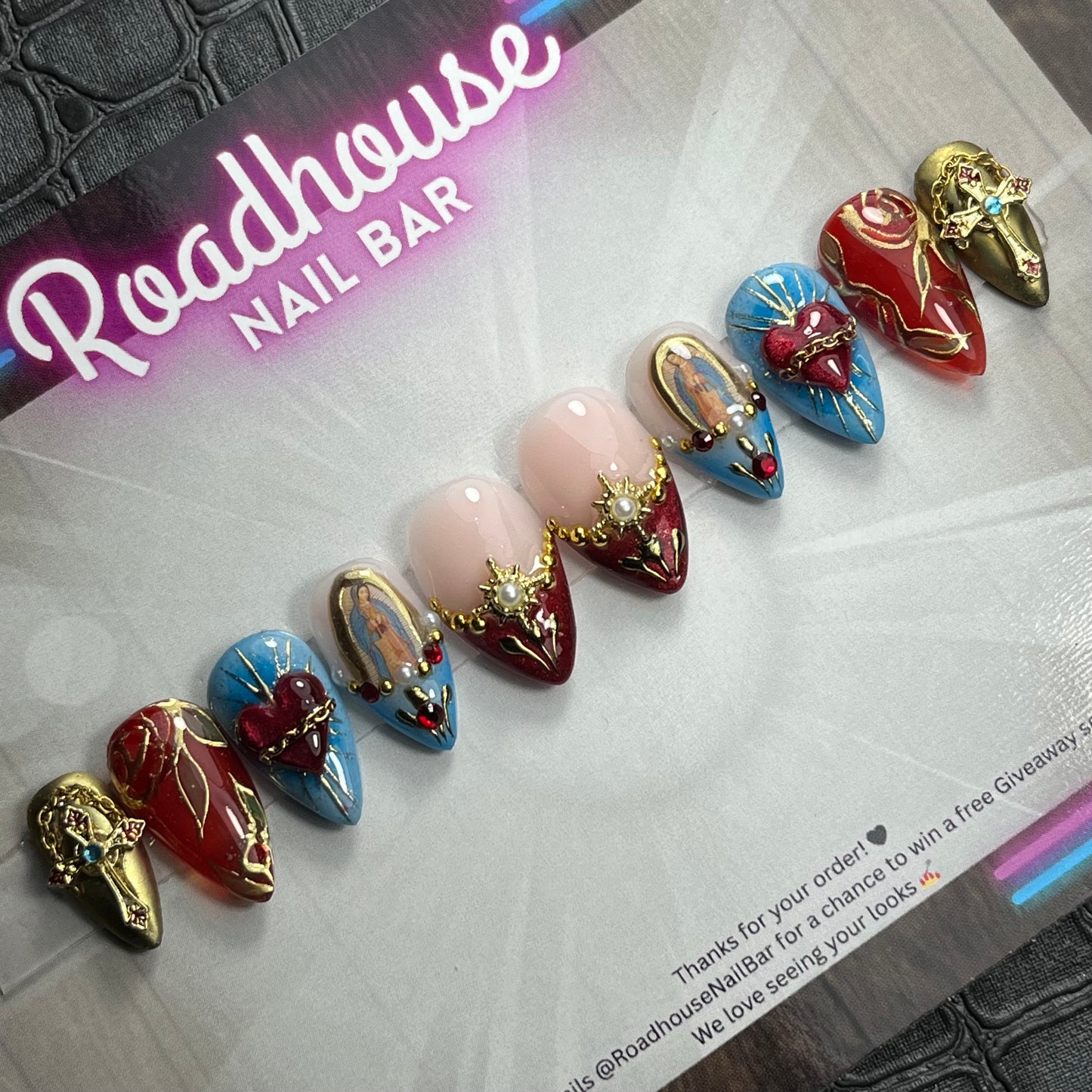 Catholic Roman 3D Jewelled Press-On Nails – Baroque Gold Red Gothic Luxury (10pcs)