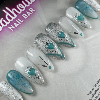 Blue & White Boho Hearts Press-On Nails | Glitter Heart Nail Art | Handmade UK Reusable Nails (10pcs)