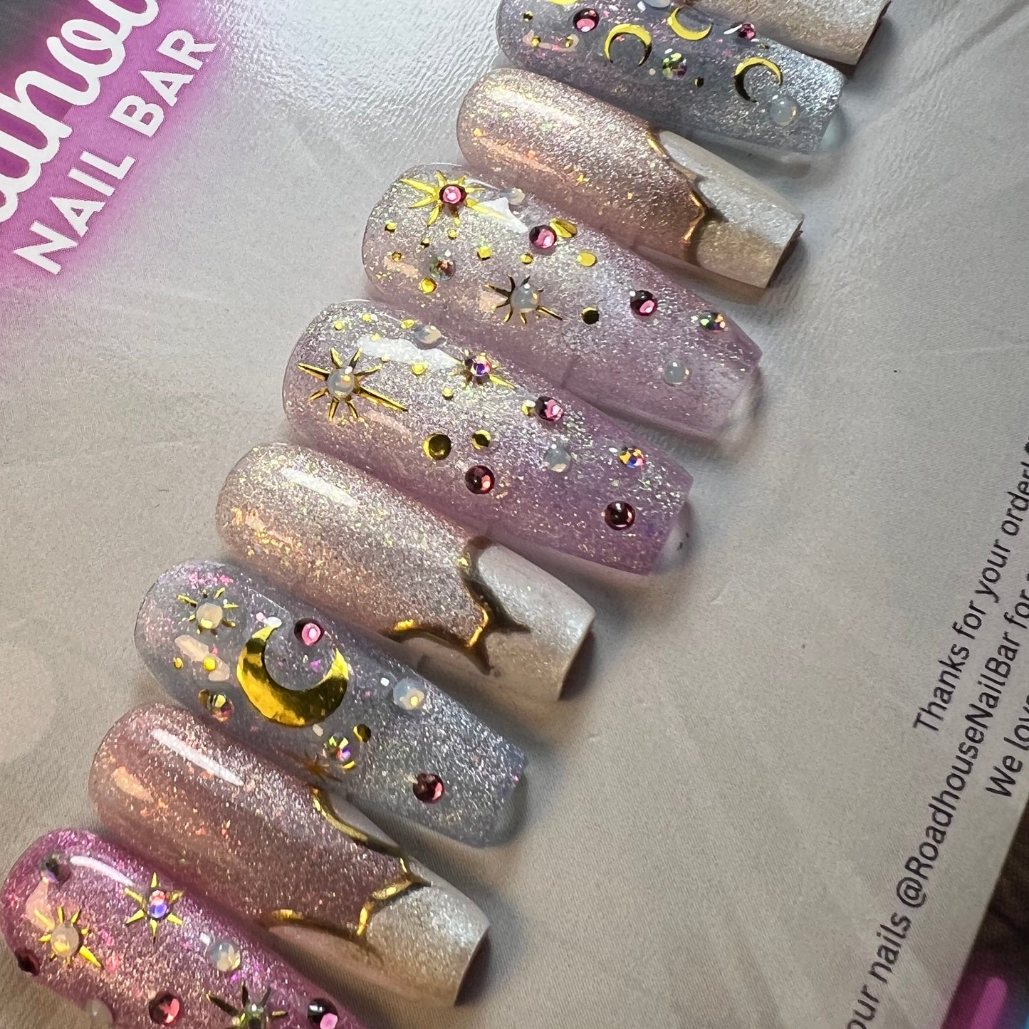 Celestial Coquette Press-On Nails | Pink Moon & Star Glitter Nails