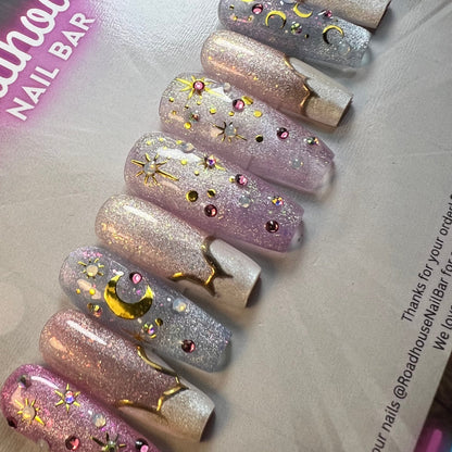 Celestial Coquette Press-On Nails | Pink Moon & Star Glitter Nails