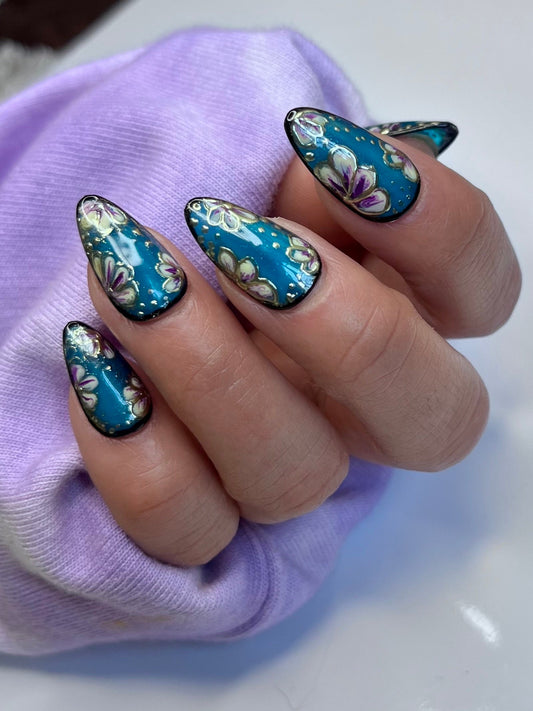 Jelly Dark Teal Press On Nails | Handpainted Floral Design with Gold Chrome Accents | Almond Shape | Full Coverage Instant Manicure