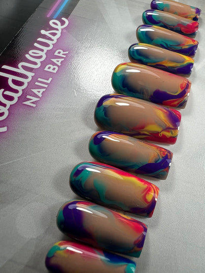 Vibrant Sunset Summer Press-On Nails – Abstract Swirl Nail Art in Bold Summer Colours (10pc Custom Set)