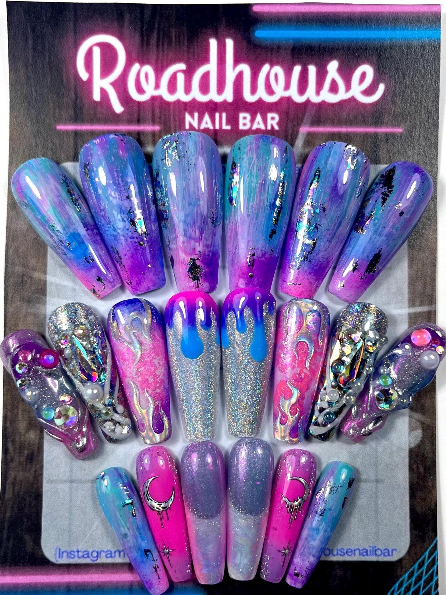 Pink holographic Junk Nail Press On Nails | 10 or 24pcs Reusable Nail Set | Pink blue Purple Metallic Chrome Nails |  Long Coffin Nails uk