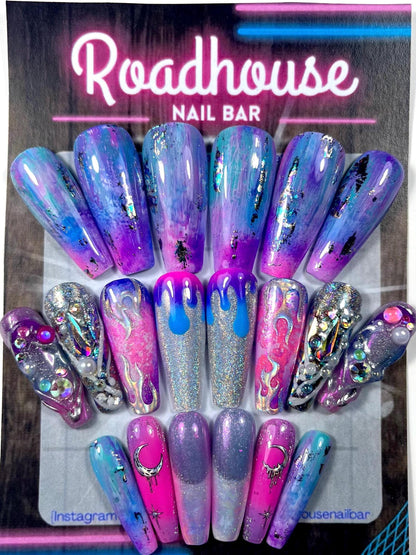Pink holographic Junk Nail Press On Nails | 10 or 24pcs Reusable Nail Set | Pink blue Purple Metallic Chrome Nails |  Long Coffin Nails uk