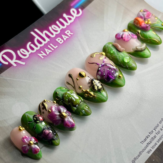 Cottagecore Garden Press-On Nails | Fairy Garden 3D Nail Art