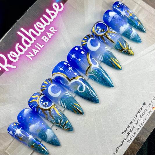 Witchy Celestial Press-On Nails – Blue & Turquoise Chrome Moon Magic (10pcs)