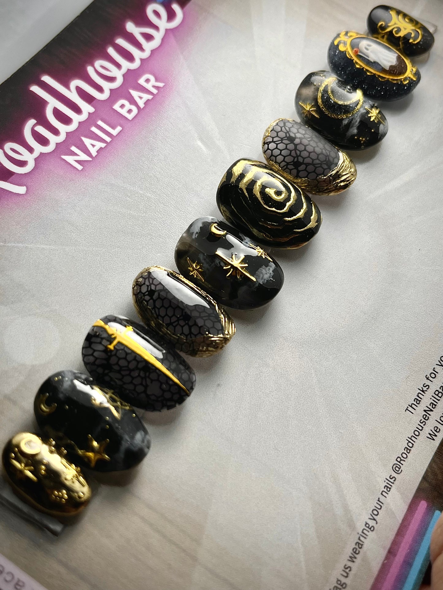 Paranormal Royalty – Gothic Gold & Black Cosmic Press-On Nails 10pc Custom Hand painted  Set