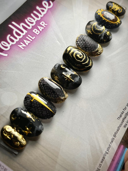 Paranormal Royalty – Gothic Gold & Black Cosmic Press-On Nails 10pc Custom Hand painted  Set