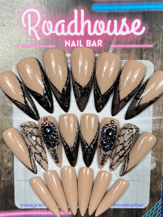 Gothic Wedding Black Lace Press On Nails |Witchy Alt luxury 24pcs Reusable Nail Set | Nude Lace Nails | Gemstone Rhinestone Bling Press-Ons