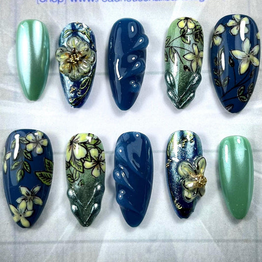 Denim blue, yellow, custard, 3-D Press On Nails | spring floral, blue and green Nails | Full Coverage almond shaped nails | doughnut, glazed
