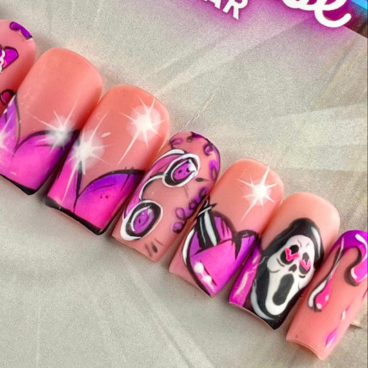 Deluxe Hand painted Pink Scream Galentine’s Press-On Nails – Ghostface Romance Horror Hearts (10pcs)