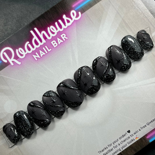 Black Glitter Star Press-On Nails – Gothic Halloween Celestial Design, Hand-Painted Sparkly Reusable False Nails UK