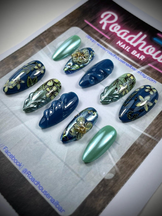 Denim blue, yellow, custard, 3-D Press On Nails | spring floral, blue and green Nails | Full Coverage almond shaped nails | doughnut, glazed
