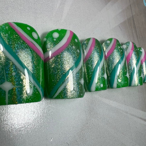 Retro Swirl Press-On Nails | Green Pink Groovy 70s Nail Art