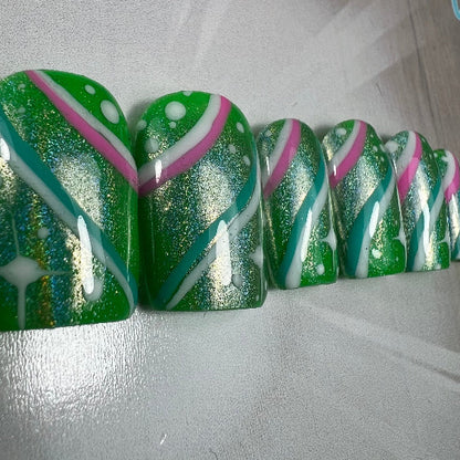 Retro Swirl Press-On Nails | Green Pink Groovy 70s Nail Art