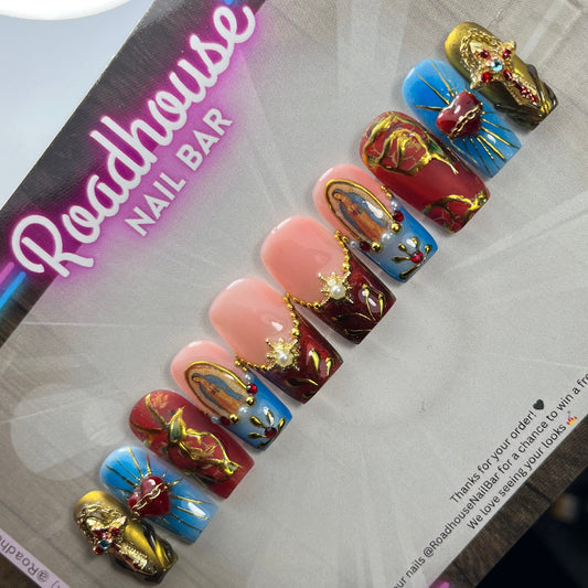 Catholic Roman 3D Jewelled Press-On Nails – Baroque Gold Red Gothic Luxury (10pcs)