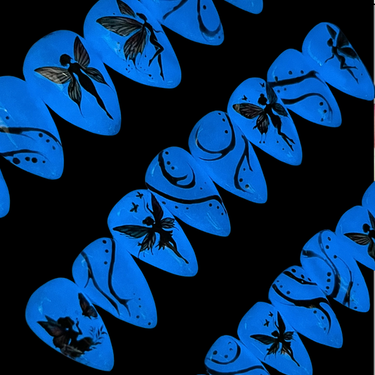 Enchanted Glow Dark Fairy Press-On Nails – Black Silhouettes on Blue (24pcs)