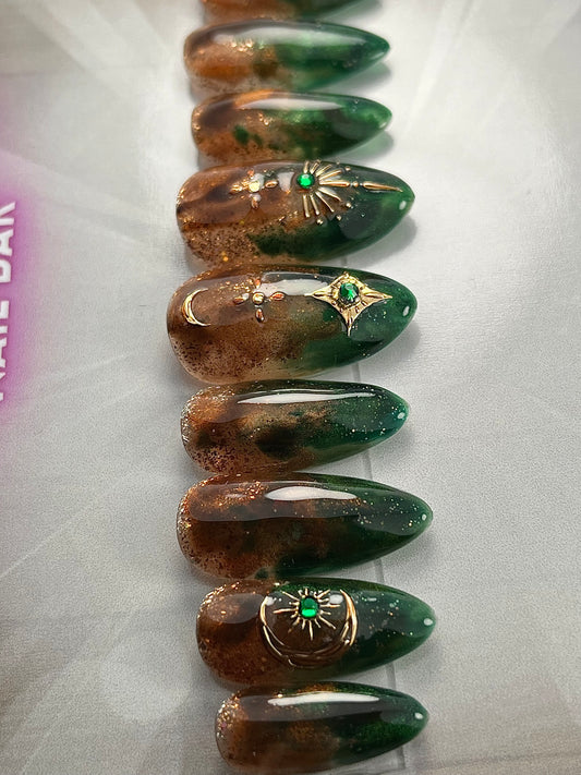 Fairycore Green & Amber Press-On Nails – Tree Bark Resin Look w/ Forest design (10pc Custom Set)
