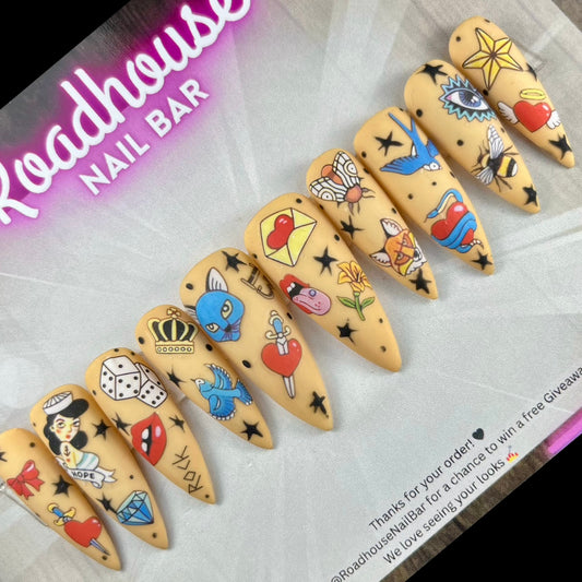 Traditional Tattoo Press-On Nails – Retro Ink Style on Neutral Base (10pcs Custom Set)