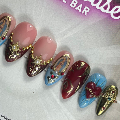 Catholic Roman 3D Jewelled Press-On Nails – Baroque Gold Red Gothic Luxury (10pcs)