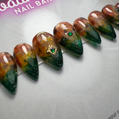 Fairycore Green & Amber Press-On Nails – Tree Bark Resin Look w/ Forest design (10pc Custom Set)