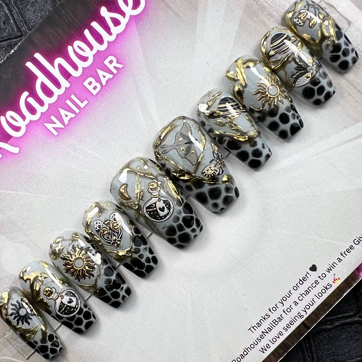 Metallic Moth Press-On Nails | Gold Black Gothic Insect Nail Set