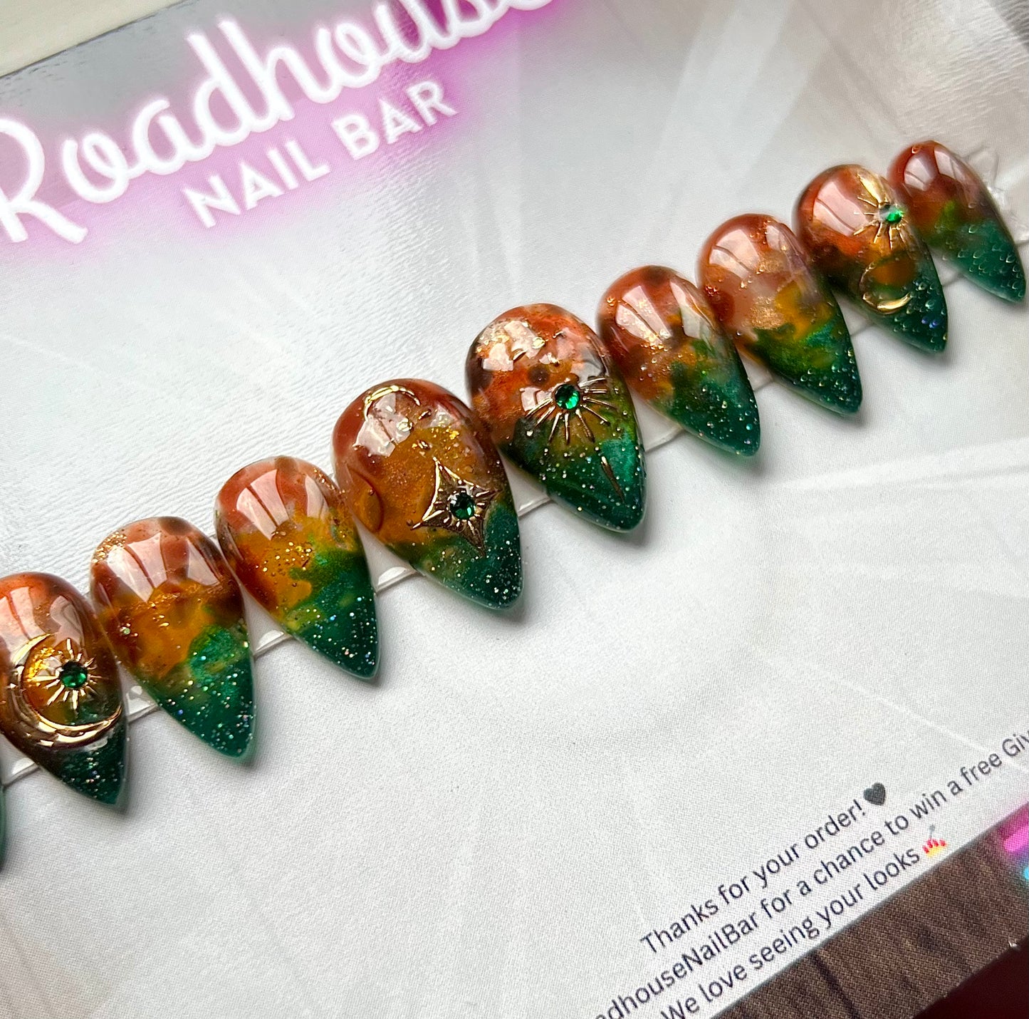 Fairycore Green & Amber Press-On Nails – Tree Bark Resin Look w/ Forest design (10pc Custom Set)