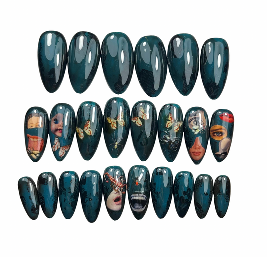 Surreal Oddities Press-On Nails – Eyes, Mouths & Butterflies Gothic Art (24pcs, Medium Almond)