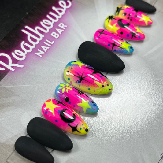 Neon lights celestial black and Bright Matte (10pc) nail set
