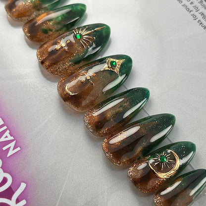 Fairycore Green & Amber Press-On Nails – Tree Bark Resin Look w/ Forest design (10pc Custom Set)