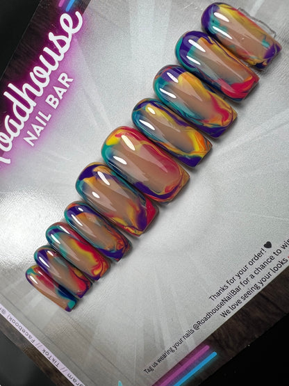 Vibrant Sunset Summer Press-On Nails – Abstract Swirl Nail Art in Bold Summer Colours (10pc Custom Set)