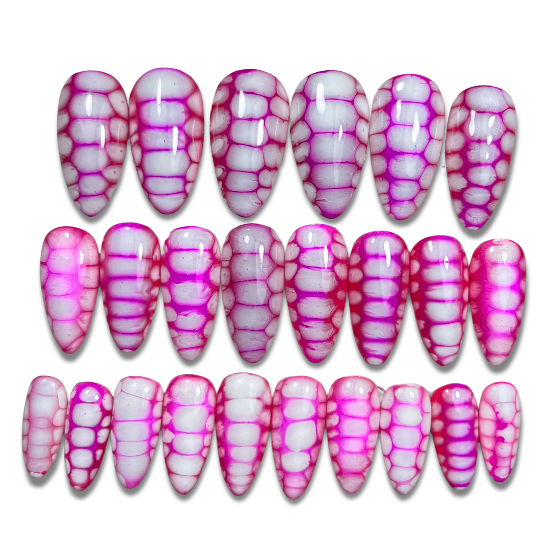 hot pink press-on nails, purple press-on nails, croc print nails, animal print fake nails, summer press-on nails UK, bold glossy press-ons, reusable hand-painted nails