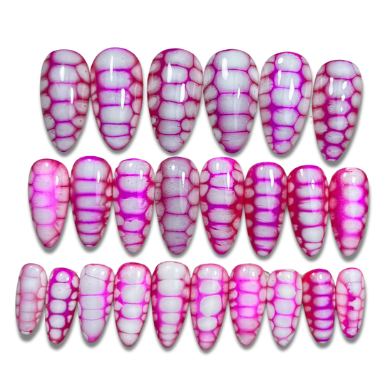 hot pink press-on nails, purple press-on nails, croc print nails, animal print fake nails, summer press-on nails UK, bold glossy press-ons, reusable hand-painted nails