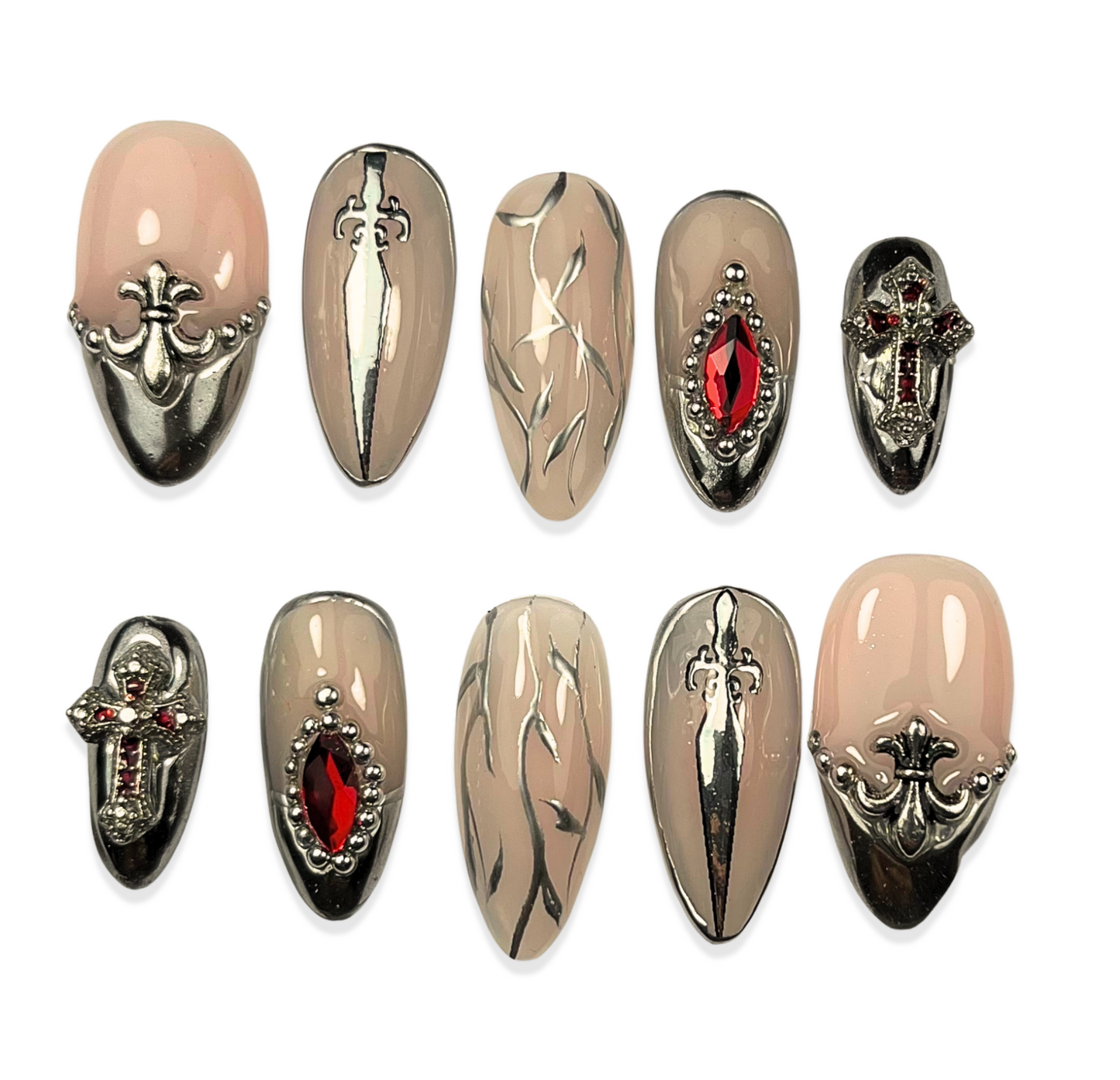 Medieval Gothic Armour Press-On Nails – Renaissance Fair Sword & Cross Design (10pcs)