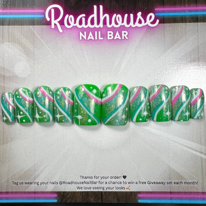 Retro Swirl Press-On Nails | Green Pink Groovy 70s Nail Art