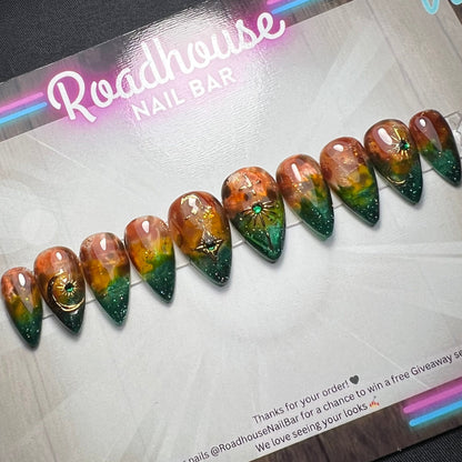 Fairycore Green & Amber Press-On Nails – Tree Bark Resin Look w/ Forest design (10pc Custom Set)