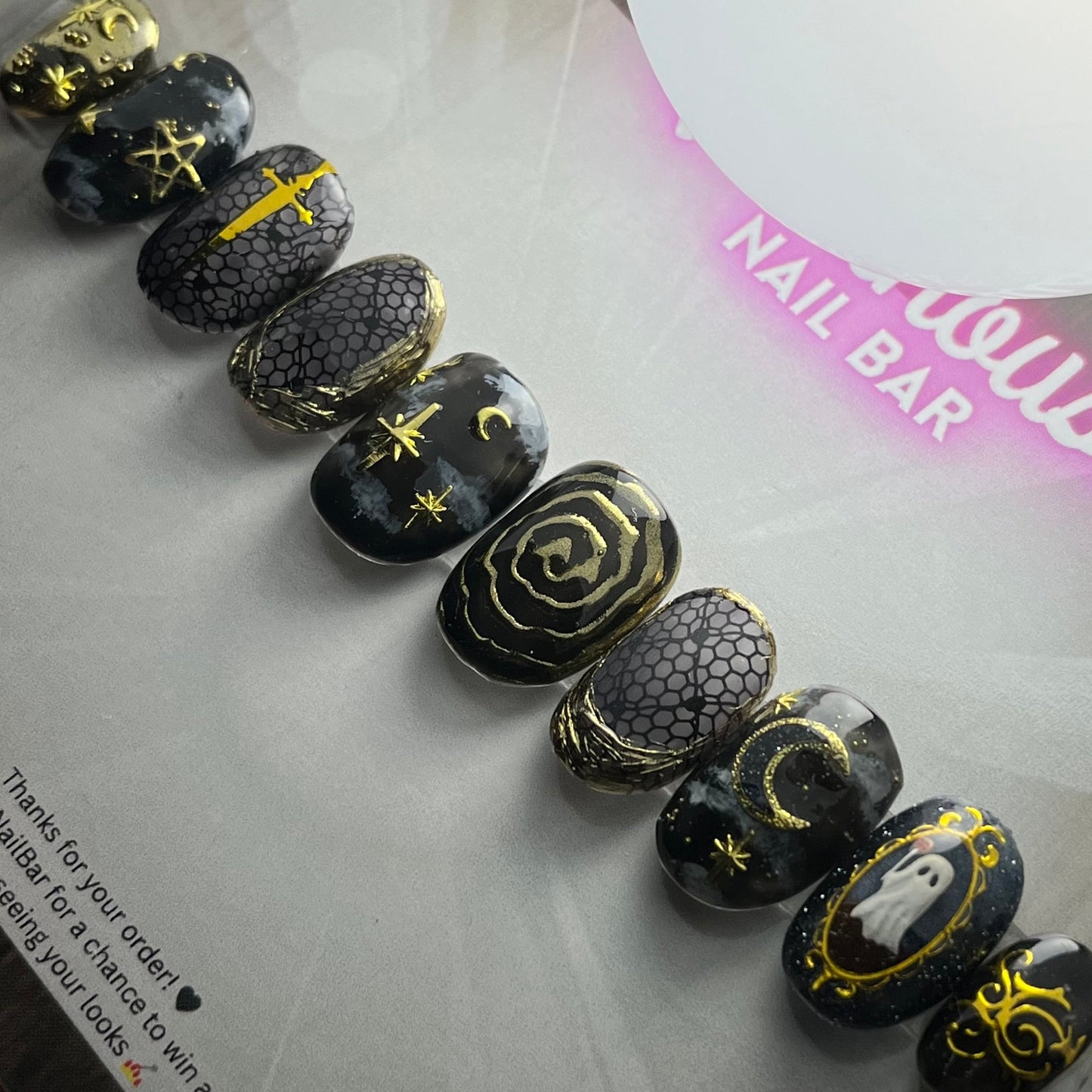 Paranormal Royalty – Gothic Gold & Black Cosmic Press-On Nails 10pc Custom Hand painted  Set